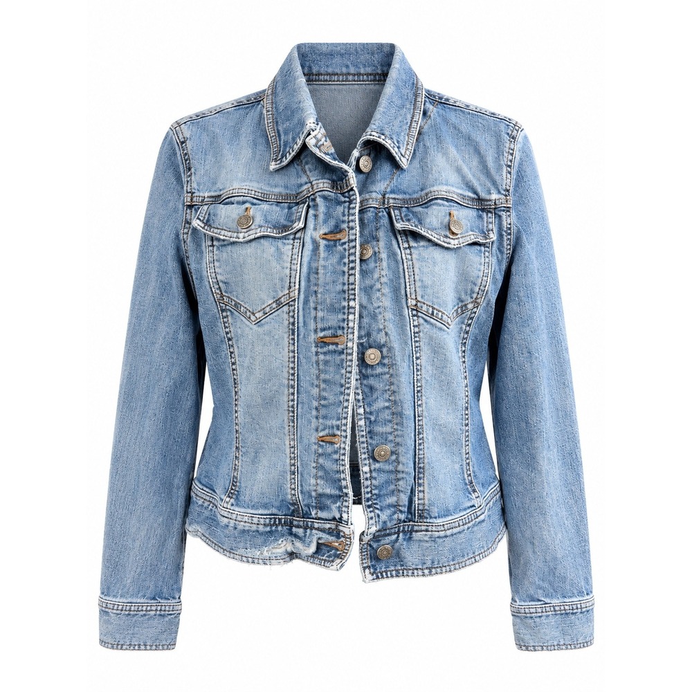 The Limited Women's Denim Jacket Size L Blue Cropped Fitted Distressed Hem